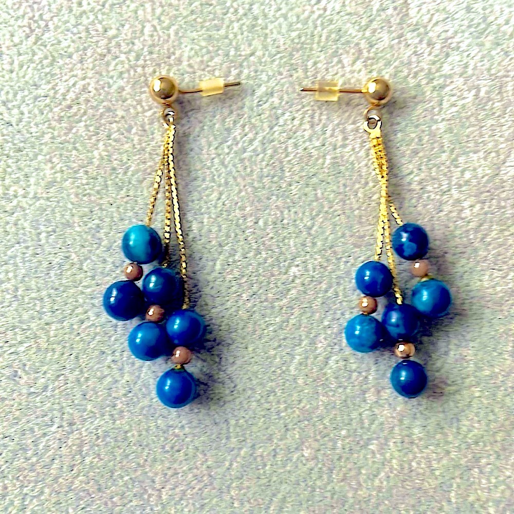 Gold multi-strand drop post earrings with blue & gold beads.